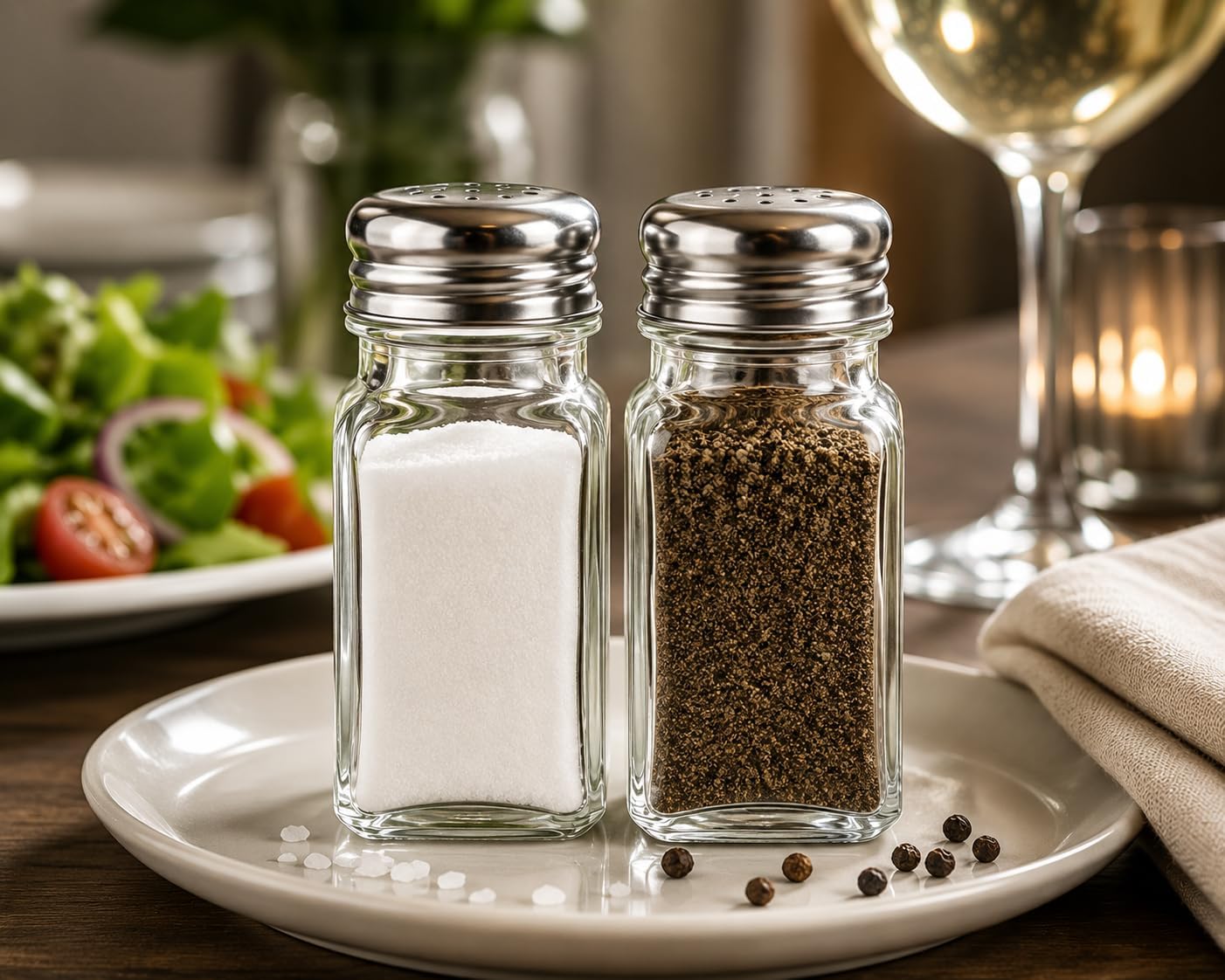 Salt and Pepper Shakers Set of 2 Clear Glass with Stainless Steel Lids for Kitchen Table Restaurant Diner Seasoning