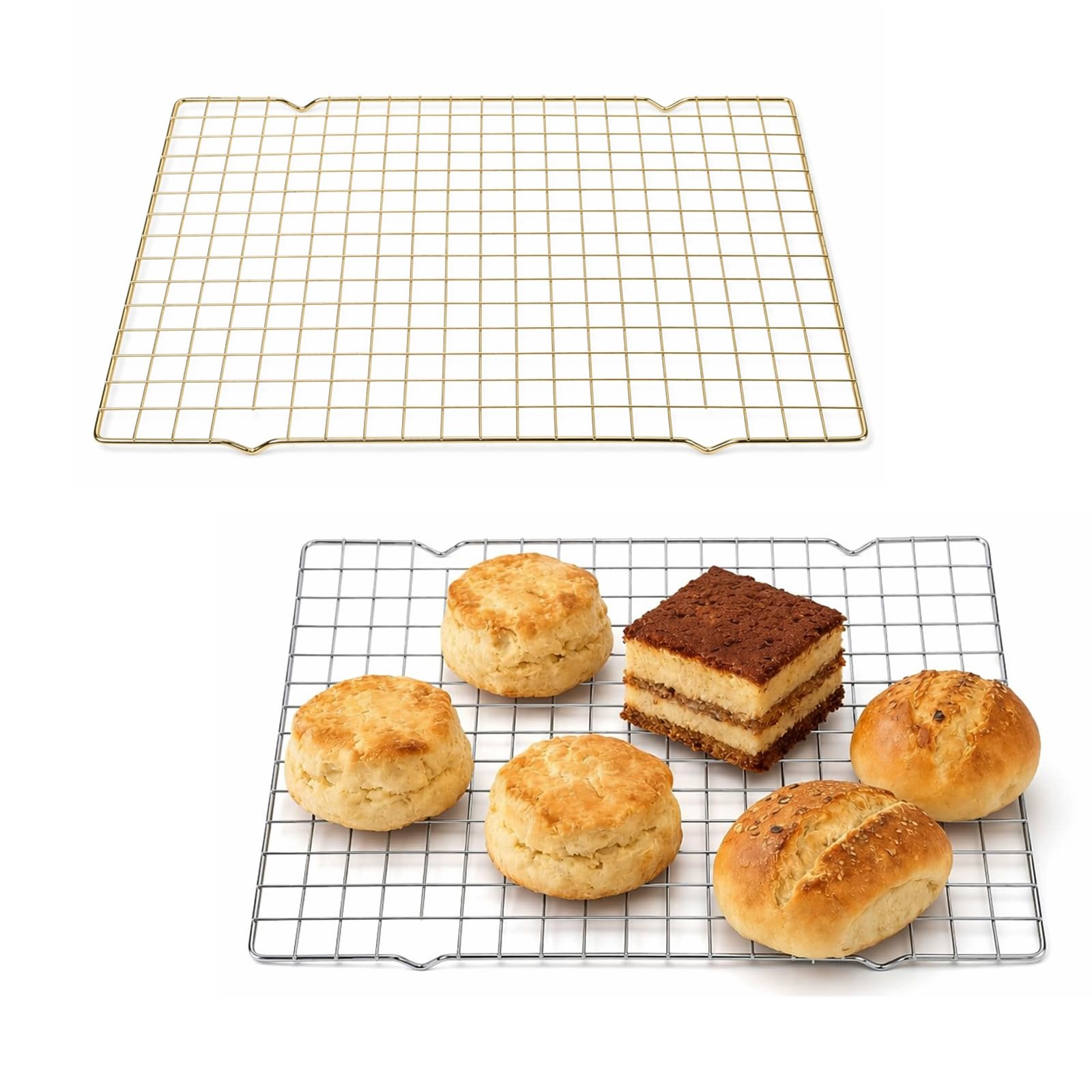 Merzio Cooling Rack Set of 2, Stainless Steel Wire Rack for Baking Roasting Grilling, Heavy Duty Oven Grill Tray, 37.3 x 25.5 cm, Silver and Gold