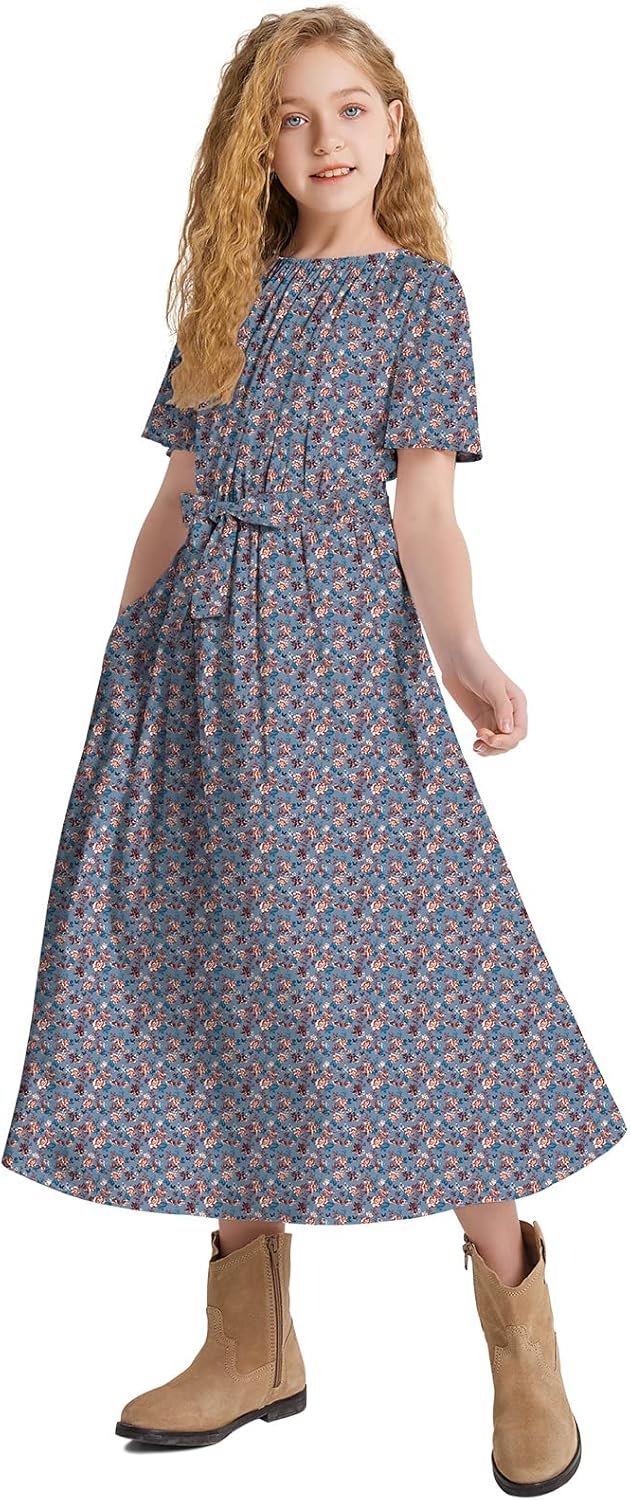 LaBeca Girls Casual Butterfly Sleeve Elastic Crew Neck Floral Printed Solid Color High Waist Midi Belted Dress with Pocket - Image 2