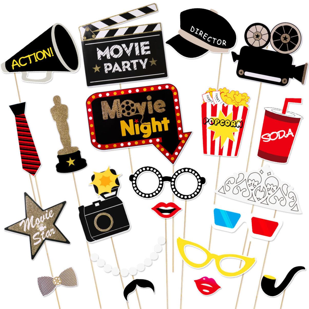 VALICLUD 21Pcs Accessoires Photo ThèMe CinéMa pour FêTe DéCoration Photobooth Mariage Masques Et Props Amusants pour SoiréE CinéMa Et Anniversaire