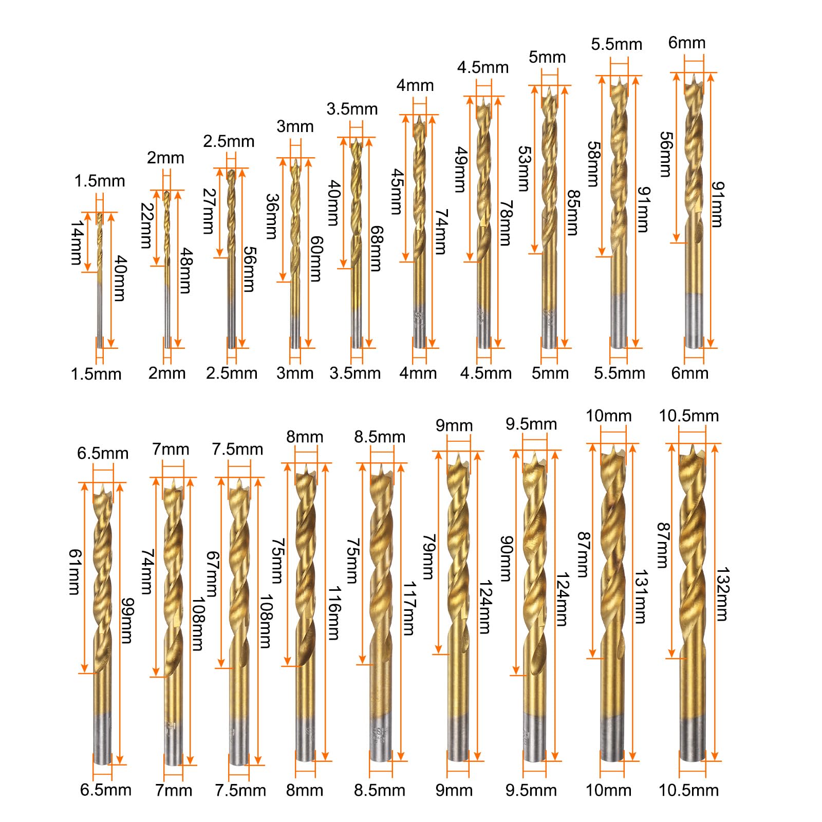 HARFINGTON Juego de 19 brocas de punta de 1,5 mm a 10,5 mm de diámetro, brocas rectas y redondas, brocas en espiral para carpintería, carpintería, plástico, caucho, dorado, 19 en 1