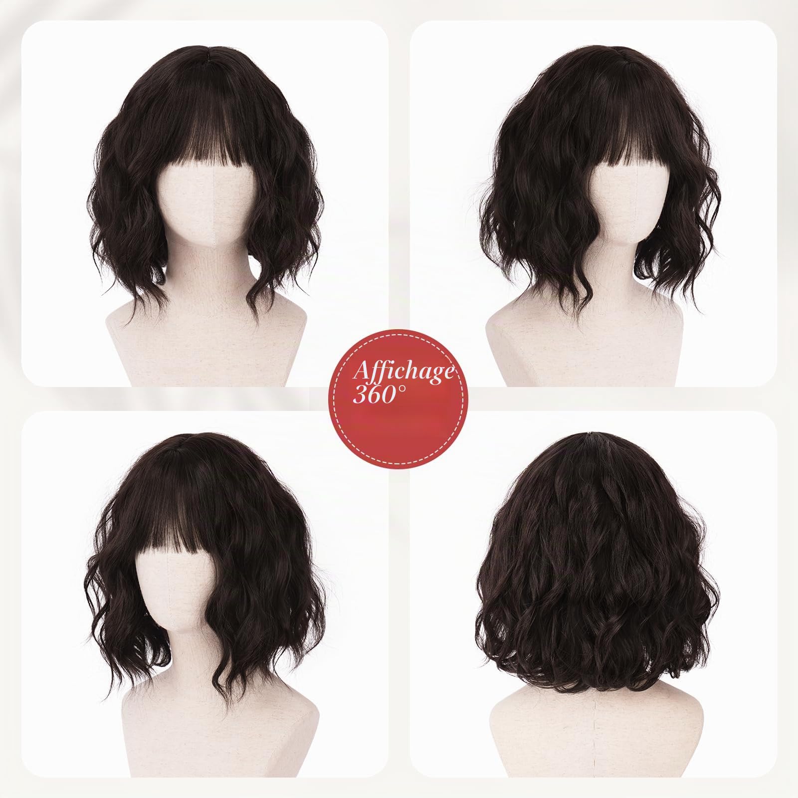 Sofeiyan Perruque Courte Ondulée 30 cm avec Frange, Cheveux Synthétiques Marron Foncé pour Femme Résistante à la Chaleur Naturel Bouclée pour Usage Quotidien et Cosplay