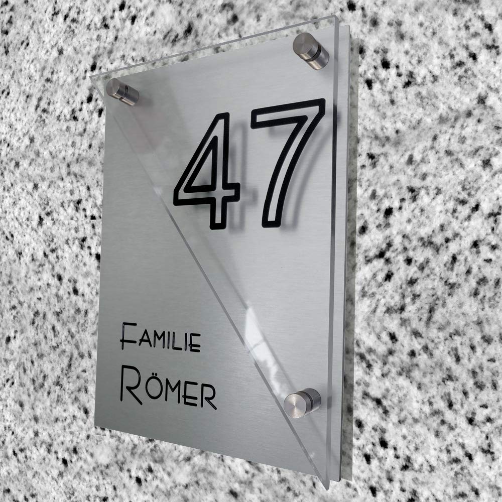 Namensschild/Türschild A12b mit Hausnummer + CNC Tiefengravur Gravur des Nachnamens incl. 3er Set aufschraubbare V2A Zierkappen. Größe 180 x 250 mm