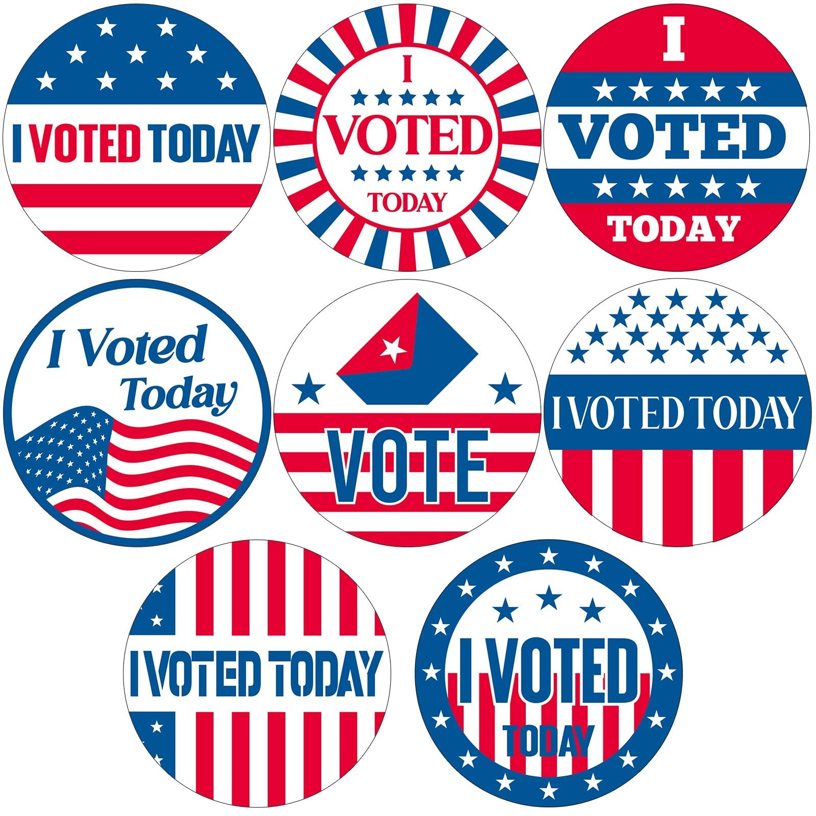 Tenceur 1000 Pcs I Voted Today Stickers Round Self Adhesive Labels, 500 Stickers on a Roll, Red, White, Blue, 8 Designs for 2026 Back to School