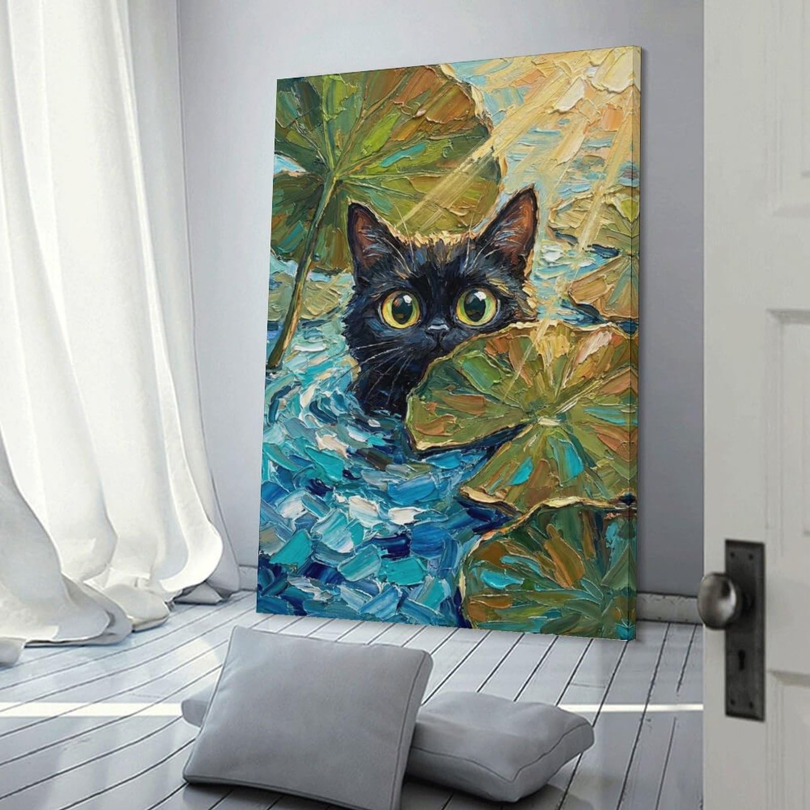 Junmoney Frame-Style-14 Black Cat Peeking In Lily Pond – Textured Impasto Oil Painting Canvas Wall Decor, 08X12inch(20X30cm), For Wall Displays, Bedrooms Or Room Updates, Wall Decor Suited To Curated Displays