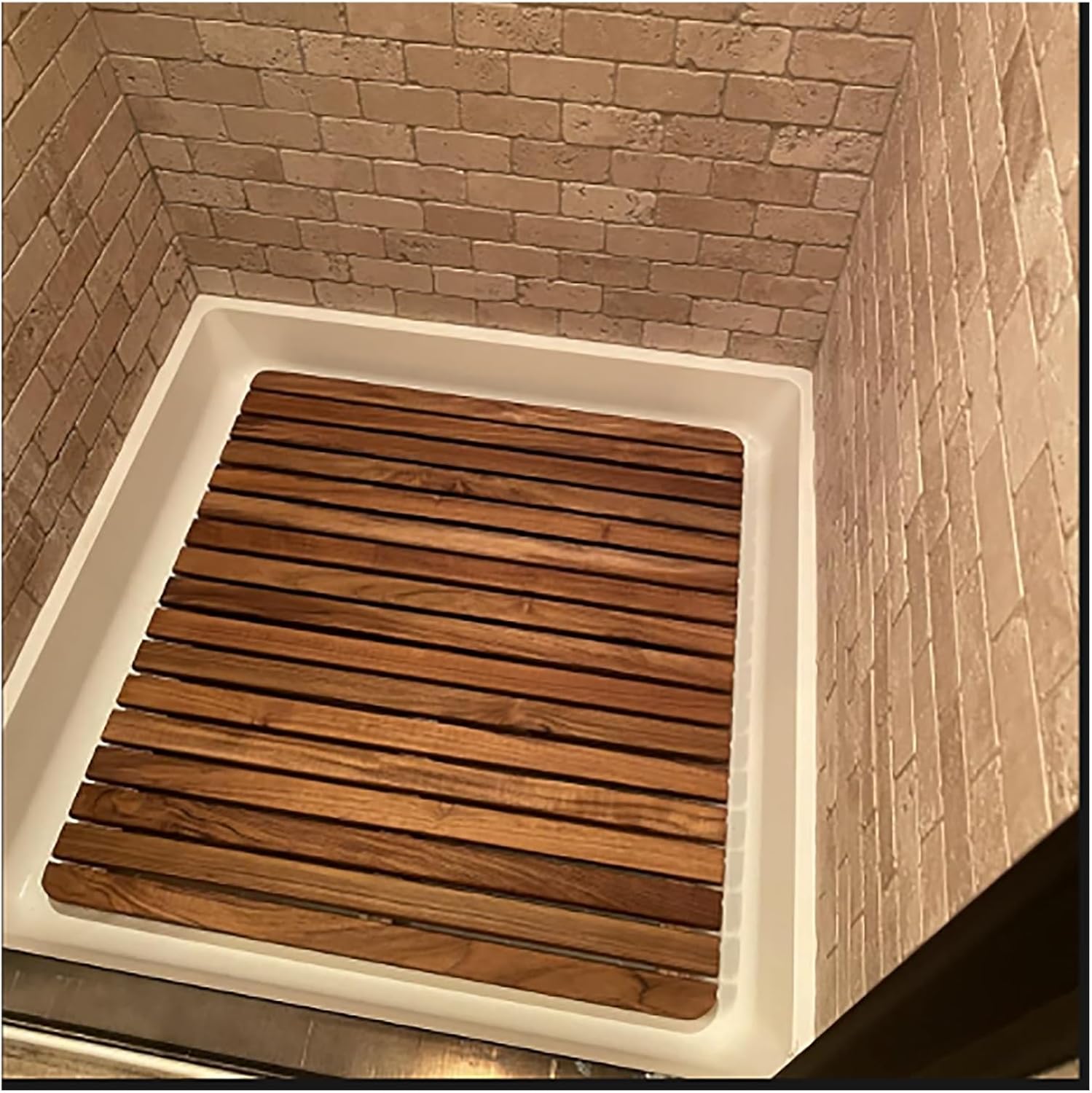 Non Slip Elevated Shower Mat for Inside Shower Outdoor Shower Stall Poolside Spa, Large Small Custom Portable Teak Wood Bath Mats Bathroom Floor Shower Platform(30x32in)