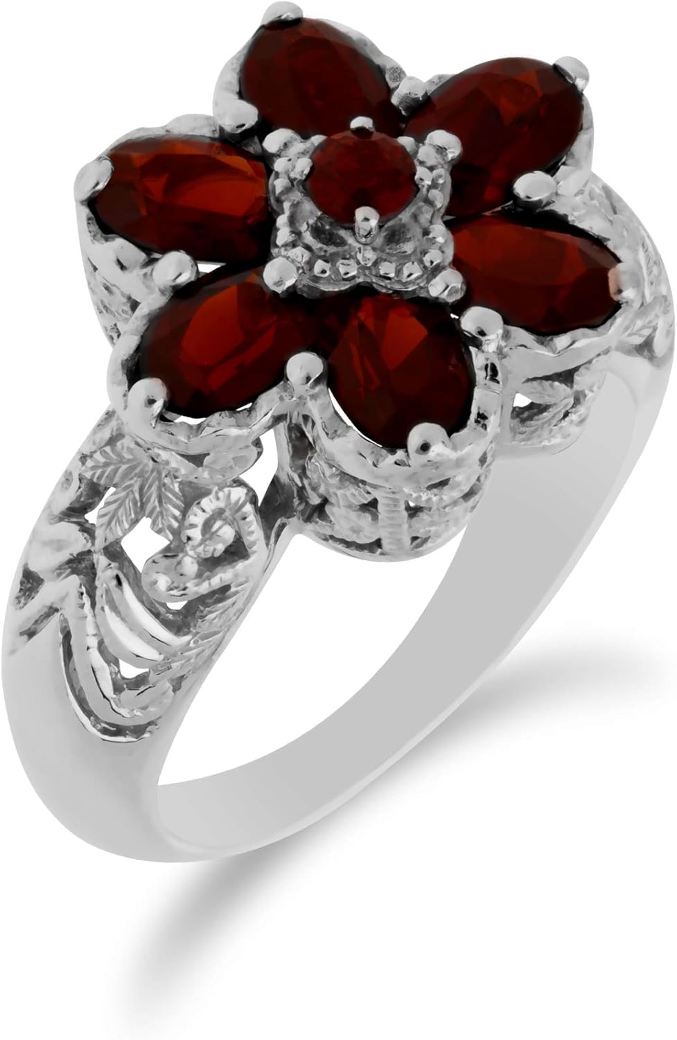 925 Sterling Silver Garnet Flower Ring