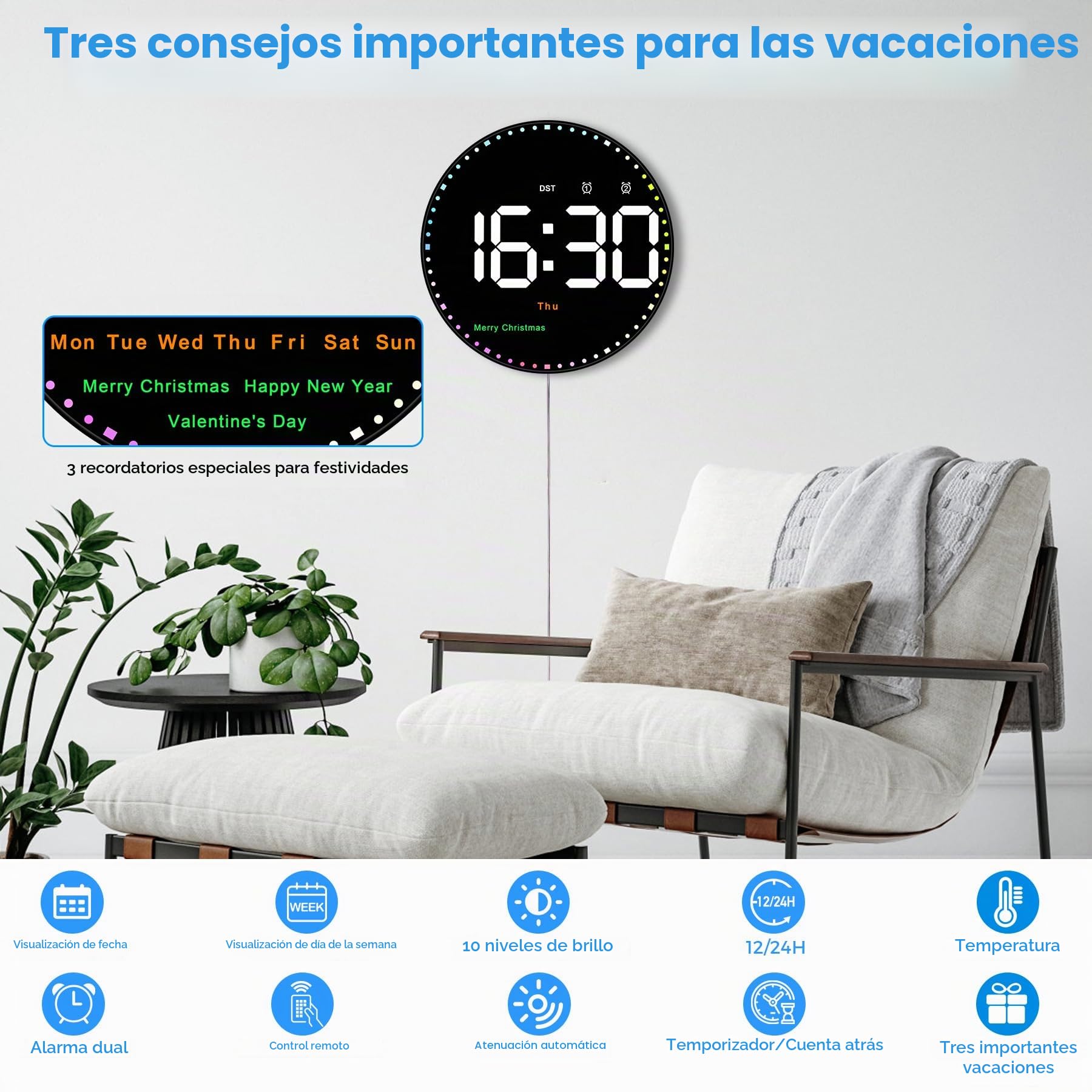 Sukeen Reloj de Pared Digital de 25 cm, Reloj Despertador Digital de Pared Grande, Reloj de Pared con Control Remoto con Fecha/Temp/Temporizador/Cuenta Regresiva/2 Alarmas/Festival, Reloj LED para