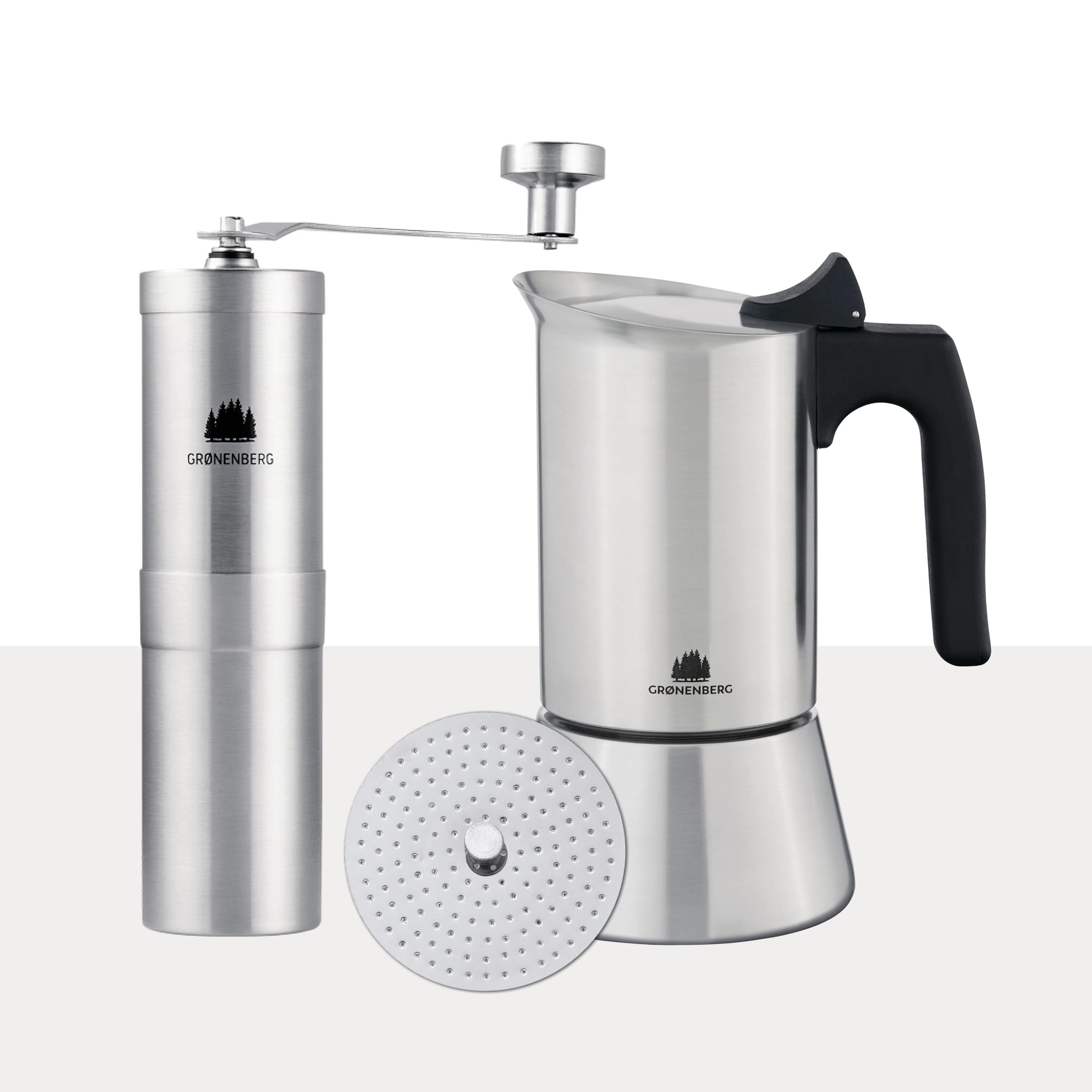Groenenberg Spar Set 3 | Espressokocher Induktion 4 Tassen + Kaffeemühle manuell | Edelstahl Espressokanne (200ml) + Handkaffeemühle