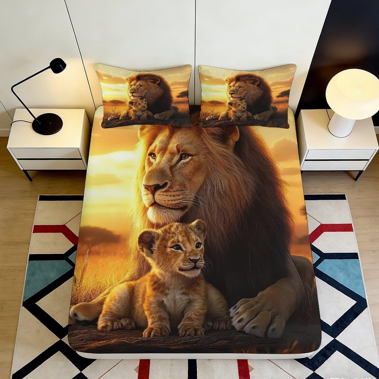 Pnayamiorkfel Style-3 3D Printed Lion Family Fitted Sheet Microfiber Soft Anti-Slip Sunset Savannah Mattress Cover For Bedroom Decor 90X200x25cm
