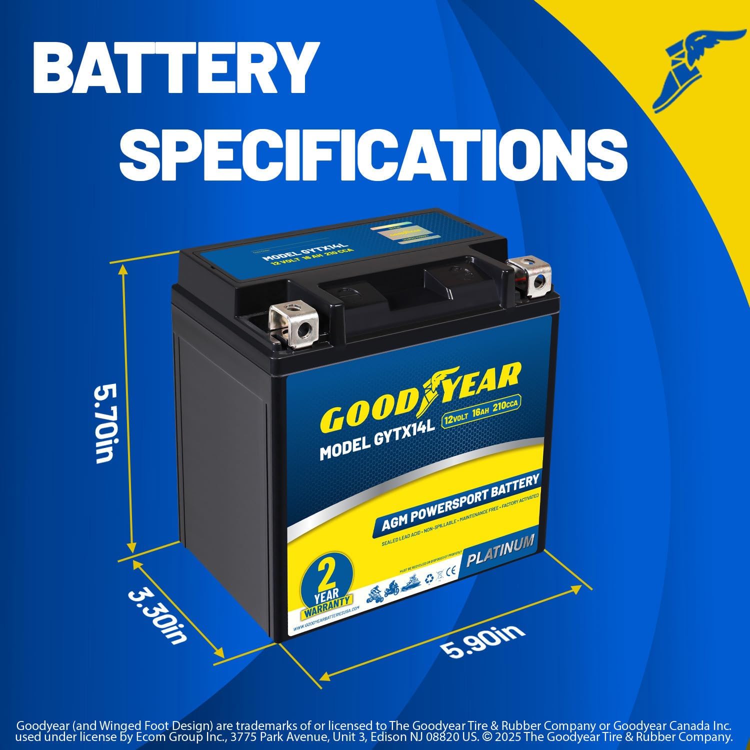 Goodyear GYTX14L -12 Volt 16 AH, 210 CCA, Rechargeable High-Performance, Maintenance Free, SLA - AGM Battery for Motorcycle, ATV, UTV, 4-Wheeler, Snowmobile, Watercraft and more!