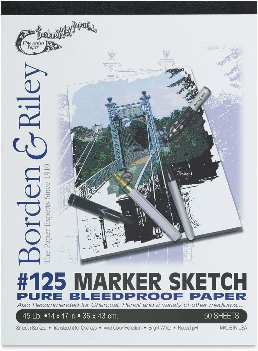 Borden & Riley #125 Marker Sketch Pure Bleedproof Paper Pad, 14" x 17", 45 lb., 50 White Sheets,1 Pad Each (125P141750)
