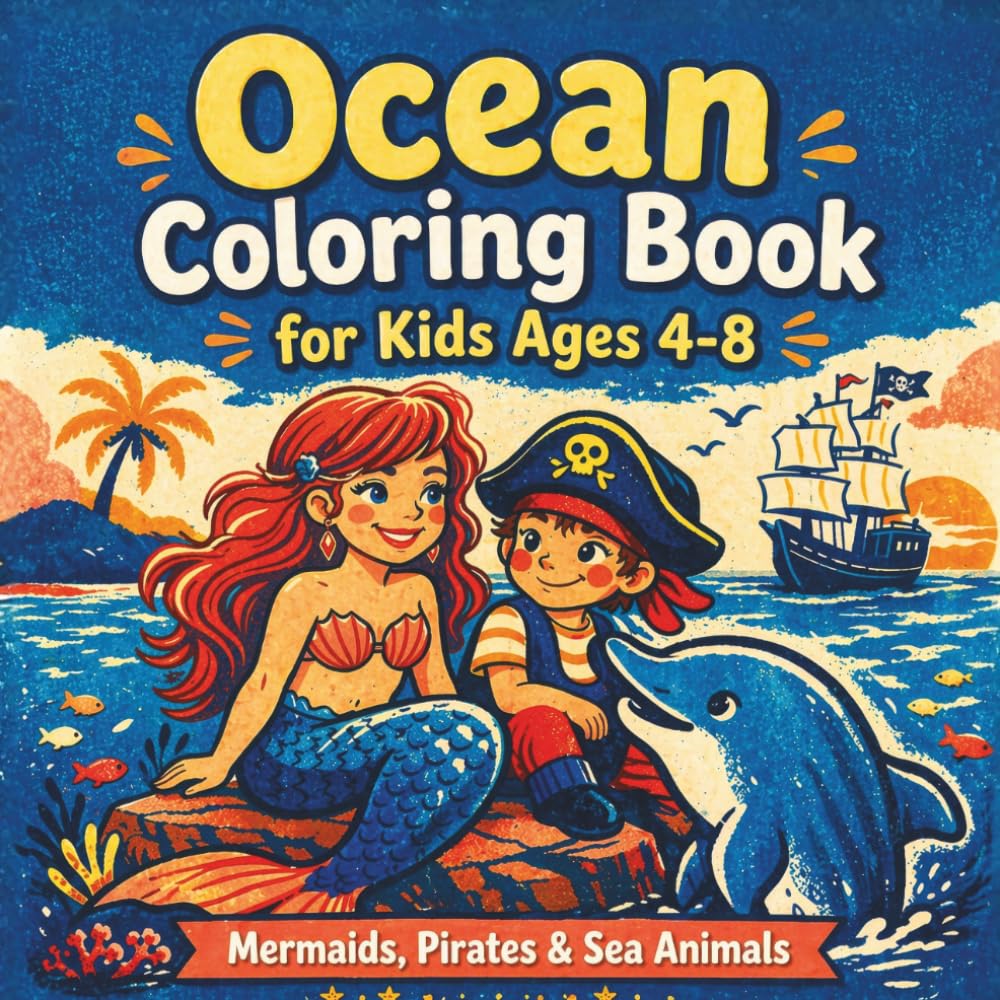Ocean Coloring Book for Kids Ages 4-8 – Mermaids, Pirates & Sea Animals: 50 Bold and Simple Ocean Animals Coloring Pages with Cute Underwater and Beach-Themed Designs