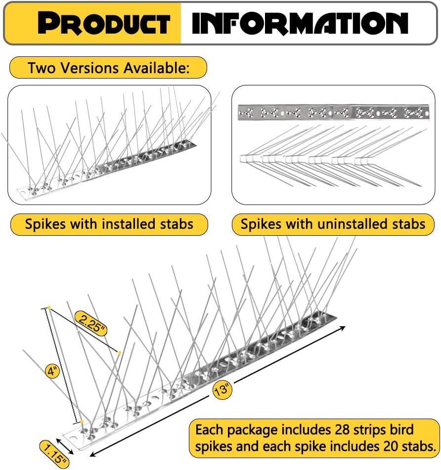 Bird Spikes for Pigeons Small Birds Cat, 30Feet Bird Spikes Stainless Steel Bird Deterrent Spikes 28 Strips