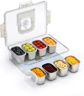 Snackle Box Container with Ice Pack, 18/8 Stainless Steel Compartments Divided Serving Tray with Lid & Handle, Organizer for Fruit Veggie Candy Nuts, Dishwasher Safe for Travel Picnic Party