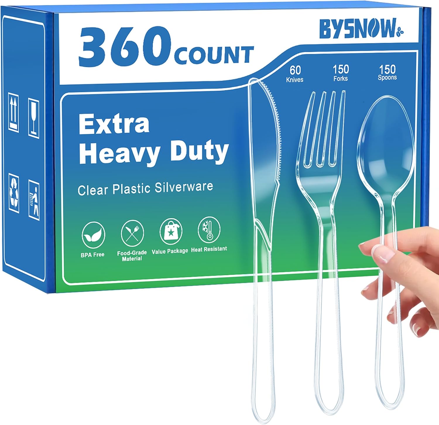 BYSNOW 360 Count Extra Heavy Duty Plastic Silverware, BPA-Free, Heat Resistant, Disposable Clear Plastic Utensils Set, Plastic Cutlery Set, Plasticware Bulk for Parties, Events and Everyday Use
