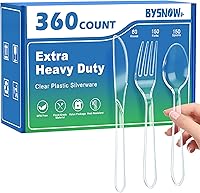 BYSNOW 360 Count Extra Heavy Duty Plastic Silverware, BPA-Free, Heat Resistant, Disposable Clear Plastic Utensils Set, Plastic Cutlery Set, Plasticware Bulk for Parties, Events and Everyday Use