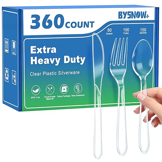 BYSNOW 360 Count Extra Heavy Duty Plastic Silverware, BPA-Free, Heat Resistant, Disposable Clear Plastic Utensils Set, Plastic Cutlery Set, Plasticware Bulk for Parties, Events and Everyday Use