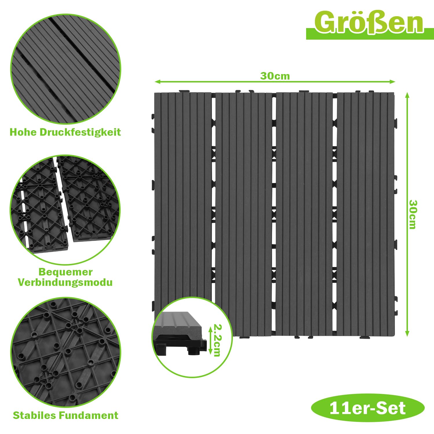 22 piastrelle per terrazze in WPC, 30 x 30 cm, per balcone, piastrelle da giardino con sistema a clic, piastrelle a clic, per terrazze, per 2 m², colore antracite