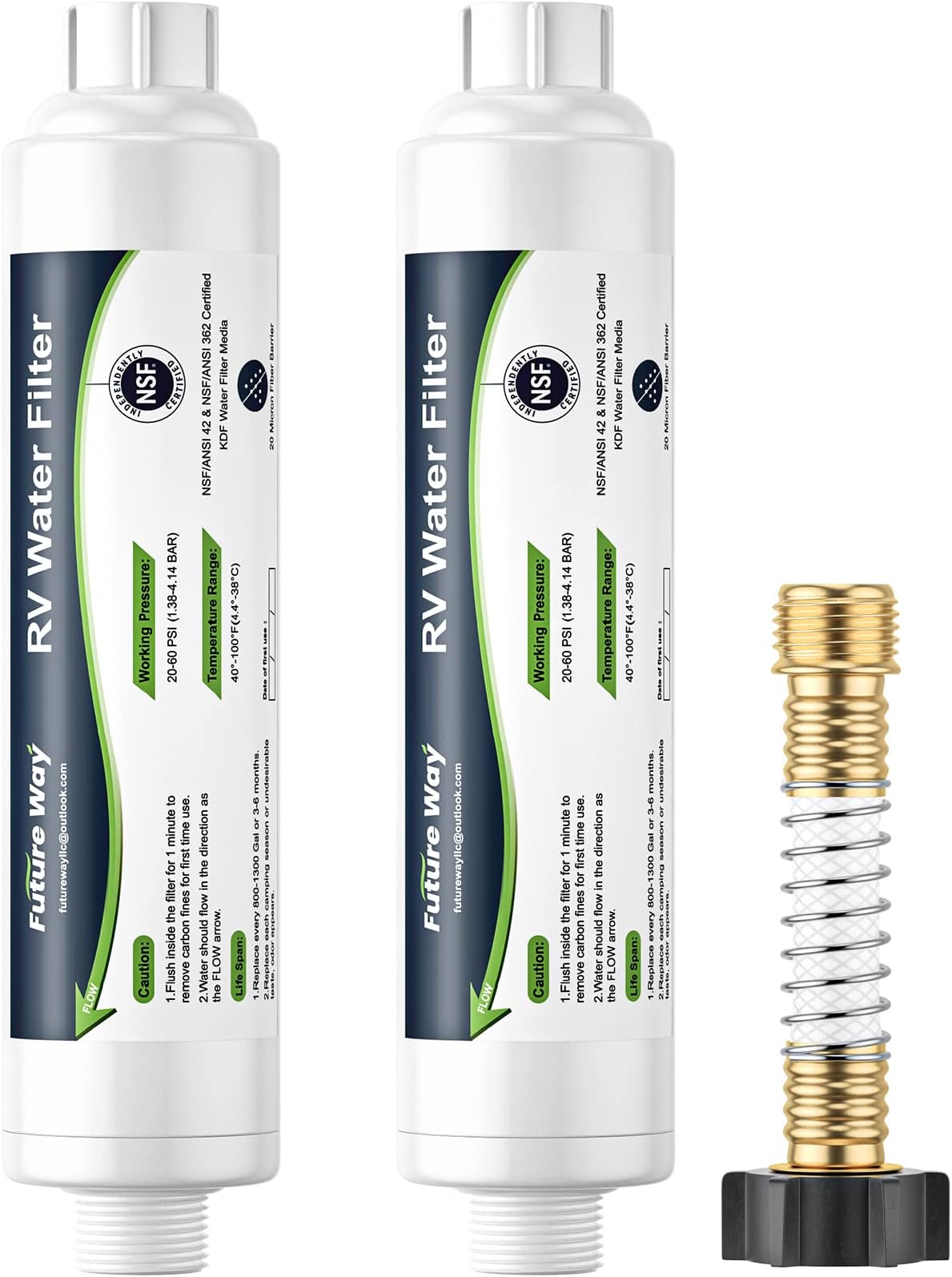 Future Way 2-Pack RV Water Filter with Flexible Hose Protector, Reduces Odors, Sediments and Bad Taste, Ideal for RVs, Campers and Travel Trailers, NSF Certified & KDF Technology