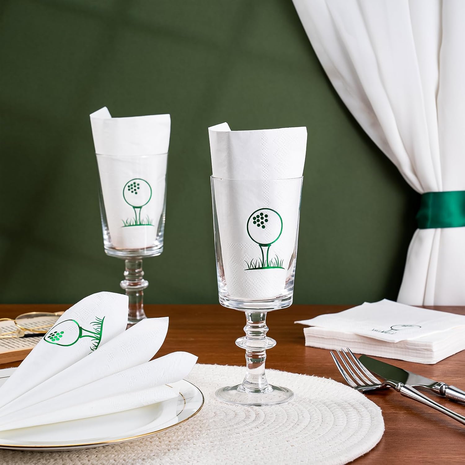 WRAPAHOLIC 25Pcs Golf Cocktail Napkins - 3-Ply Green Foil 19 Hole Golf Disposable Paper Napkins for Birthday Party Tableware Party Supplies - 5 x 5 In