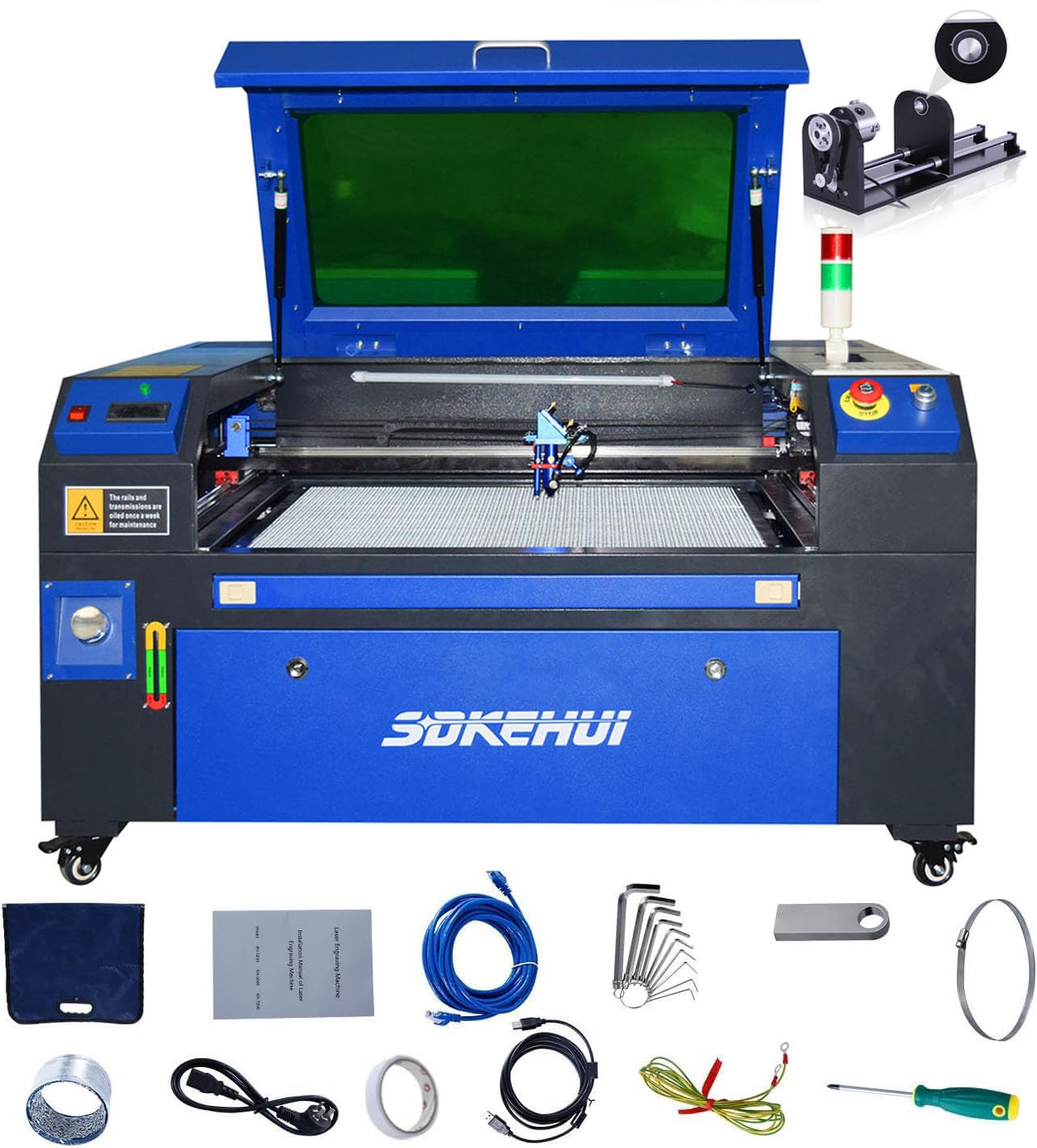 Macchina per Incisione Laser CO2 Compatta Piano di Lavoro 700x500mm Potenza 60W Spessore di Taglio Max. 20mm Velocità di Incisione 0-500 mm/s con Asse Rotante