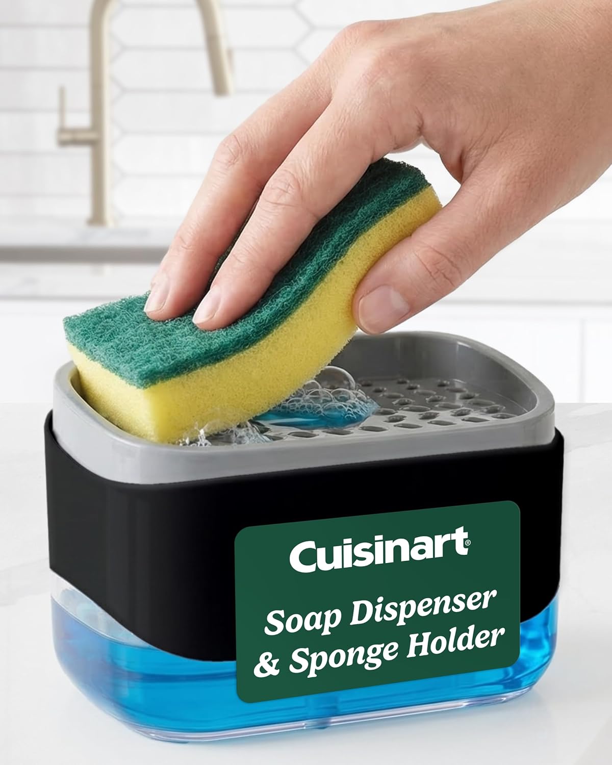 Cuisinart 2-in-1 Dish Soap Dispenser with Sponge Holder and Sponge for Kitchen Sink – Soap Pump Organizer Set with Tray, Countertop Caddy for Dishes, Dishwashing Liquid Dispenser, Sink Essentials