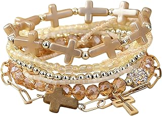 Bohemian Cross Crystal Bracelet for Women Handmade Boho Stack Set Stretch Colorful Christian Beads Bracelets Vacation Jewelry Gift