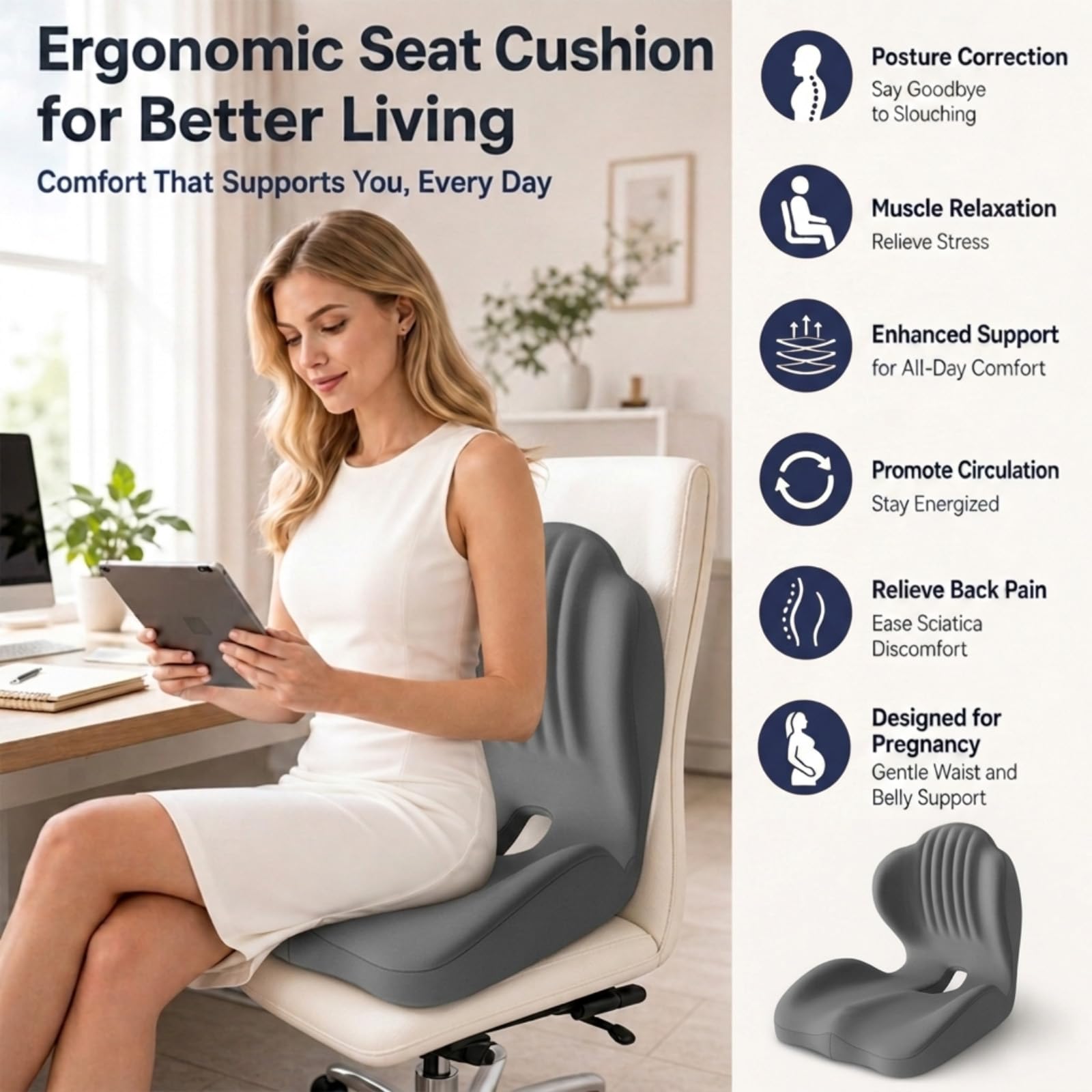 Cuscino ergonomico per sedia da ufficio, ortopedico, in memory foam, con schienale, supporto lombare per auto