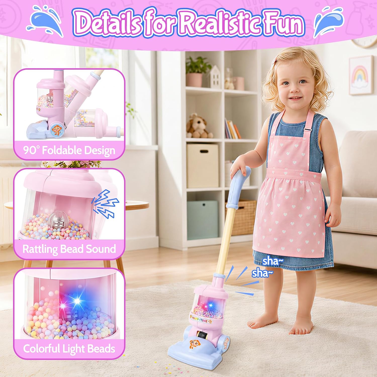 deAO Kids Cleaning Toy Set Toddlers Cleaning Set Housekeeping | Pretend kids Vacuum with Light & Sound, 7PCS Broom Mop Set for Toddlers, Kids House Cleaning Toys for Boys Girls Ages 3-6