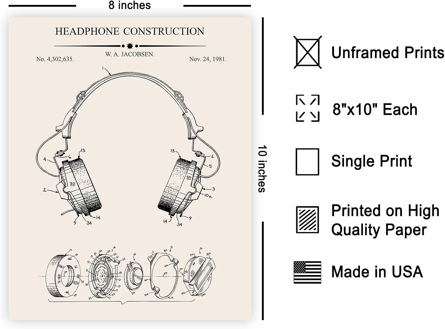 Poster Master Headphones Blueprint Poster - Headphones Patent Print - Recording Studio Artwork - Sound Design - Music Art - Black & White Artwork - Music Room Wall Decor - 8x10 UNFRAMED