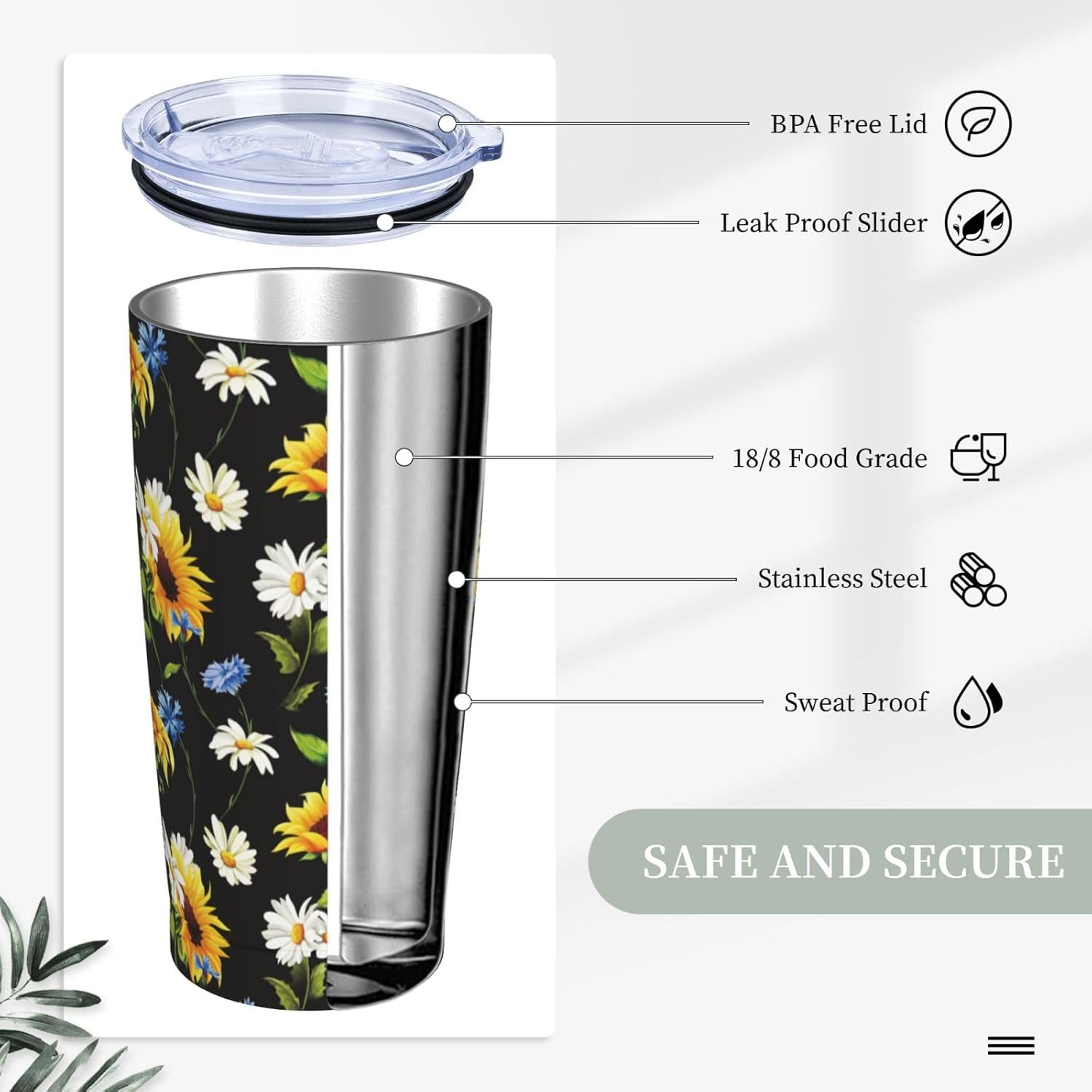 Sunflowers Black Tumblers, Sunflower 20oz Stainless Steel Insulated Travel Tumblers,Travel Coffee Mug with Lid and Straw Cups Gifts for Women Men - Image 4