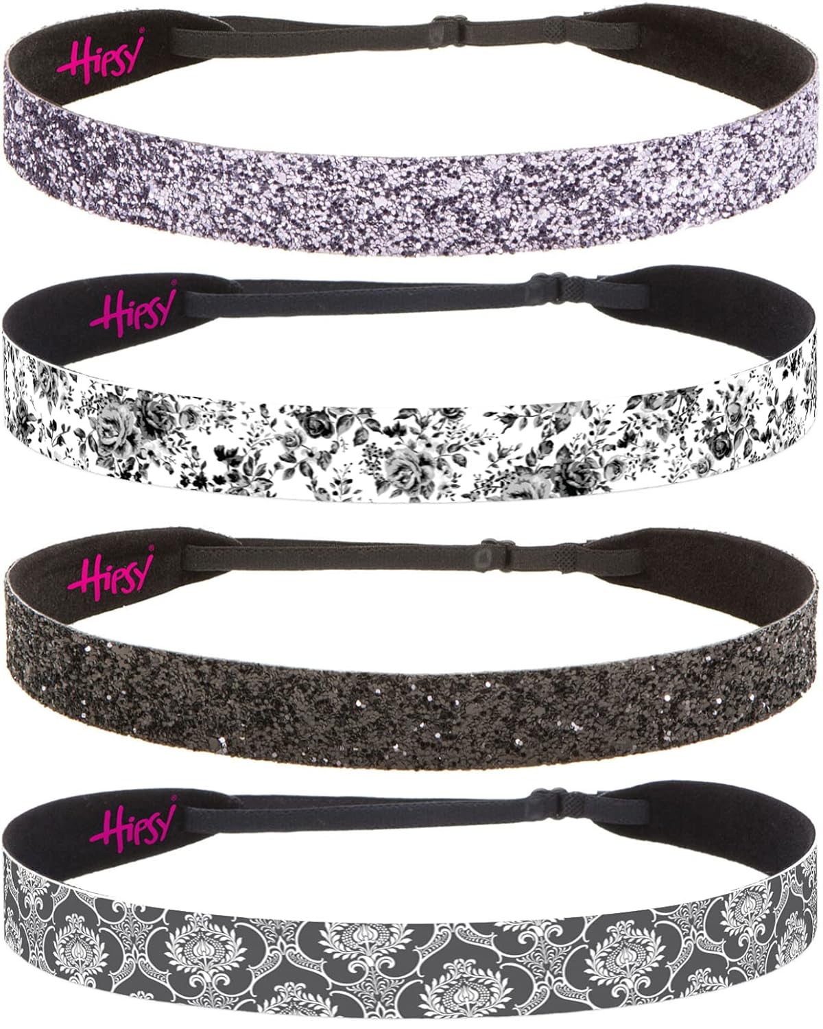 Hipsy Adjustable No Slip Bling Glitter & Fashion Printed Headbands for Women Multi 4-Pack (Grey Tapestry/Black/White Floral/Gunmetal)