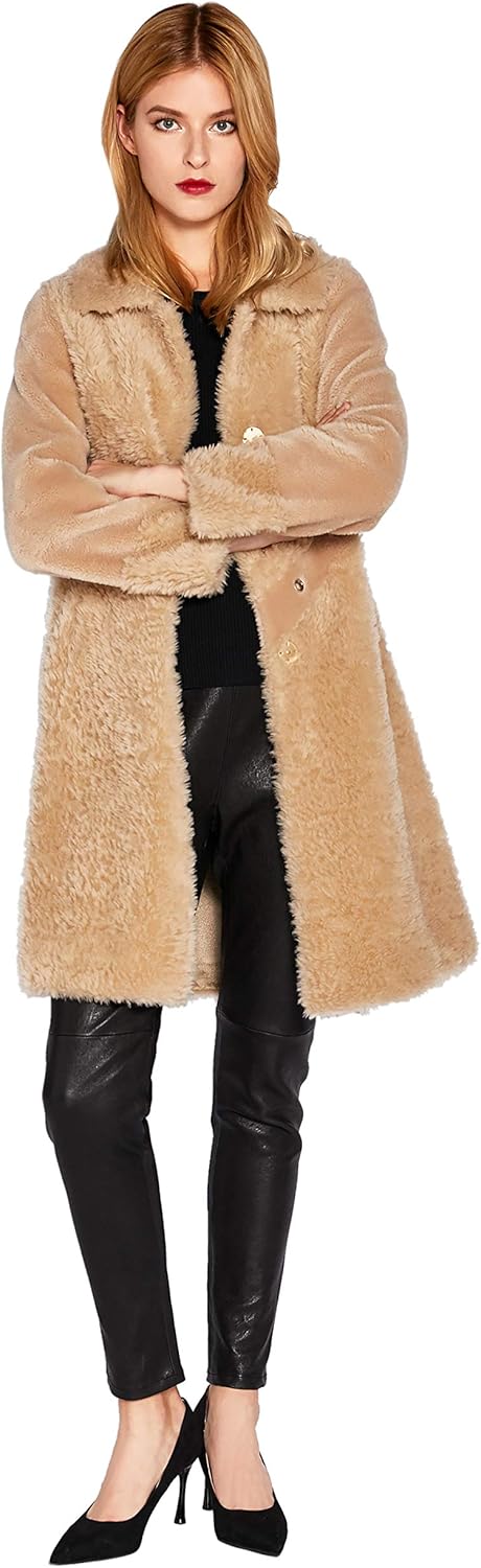 Women’s Shearling Long Teddy Coat Camel Lapel Real Fur Jacket Coat