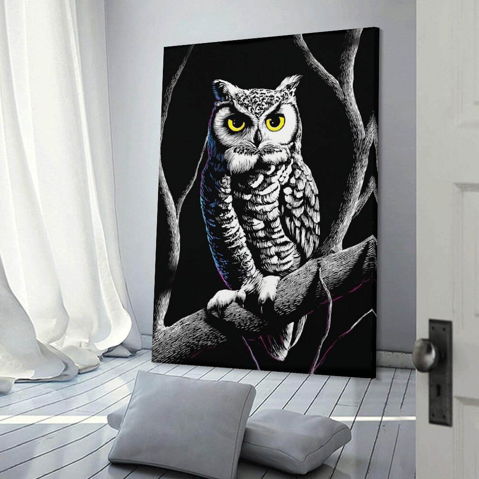 Junmoney Owl Perched on Branch Wall Picture Print, 24x36inch(60x90cm), for Workspace Walls, Study Corners Or Bedrooms, Wall Art That Adds Style to Work Areas