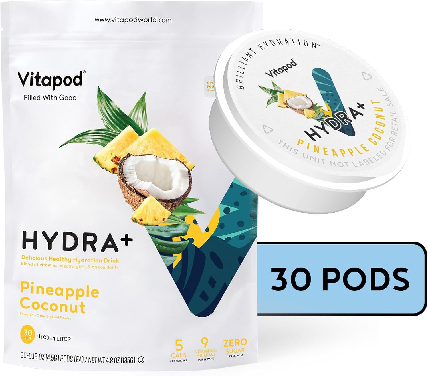 Vitapod Hydra+ Pineapple Coconut Electrolyte Powder Packets – 30 Sugar Free Hydration Pods – Zero Sugar Instant Hydration Drink – Electrolytes Powder No Sugar with Vitamins A,C,D,E