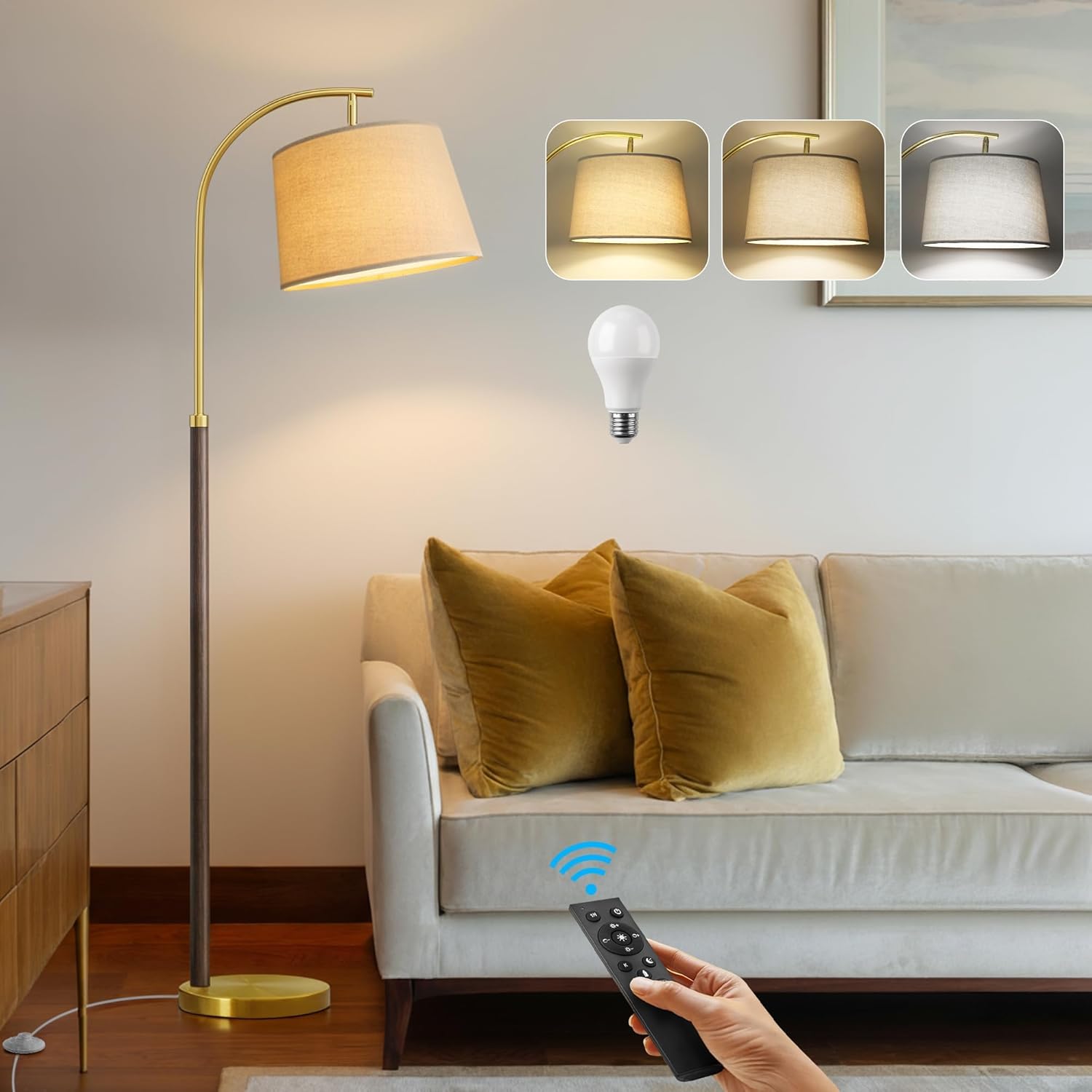 63" Wood Floor Lamp for Living Room Dimmable Standing Lamp with Remote & Foot Switch, 3 Color Temperatures Tall Lamp Mid Century Modern Floor Lamp for Bedroom Office, 9W Bulb Included, Walnut Brown