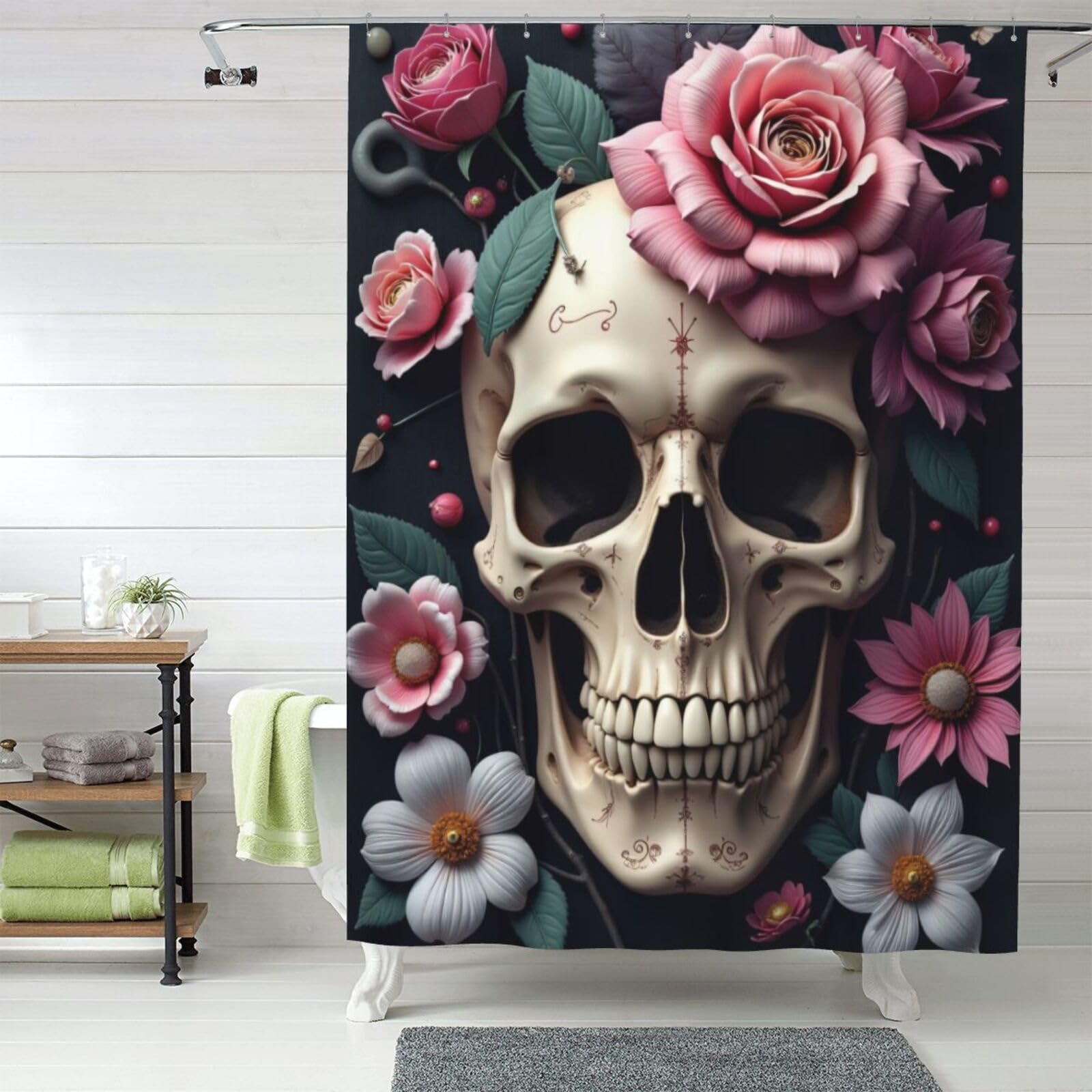 Rideau de douche en tissu pour salle de bain design floral rock