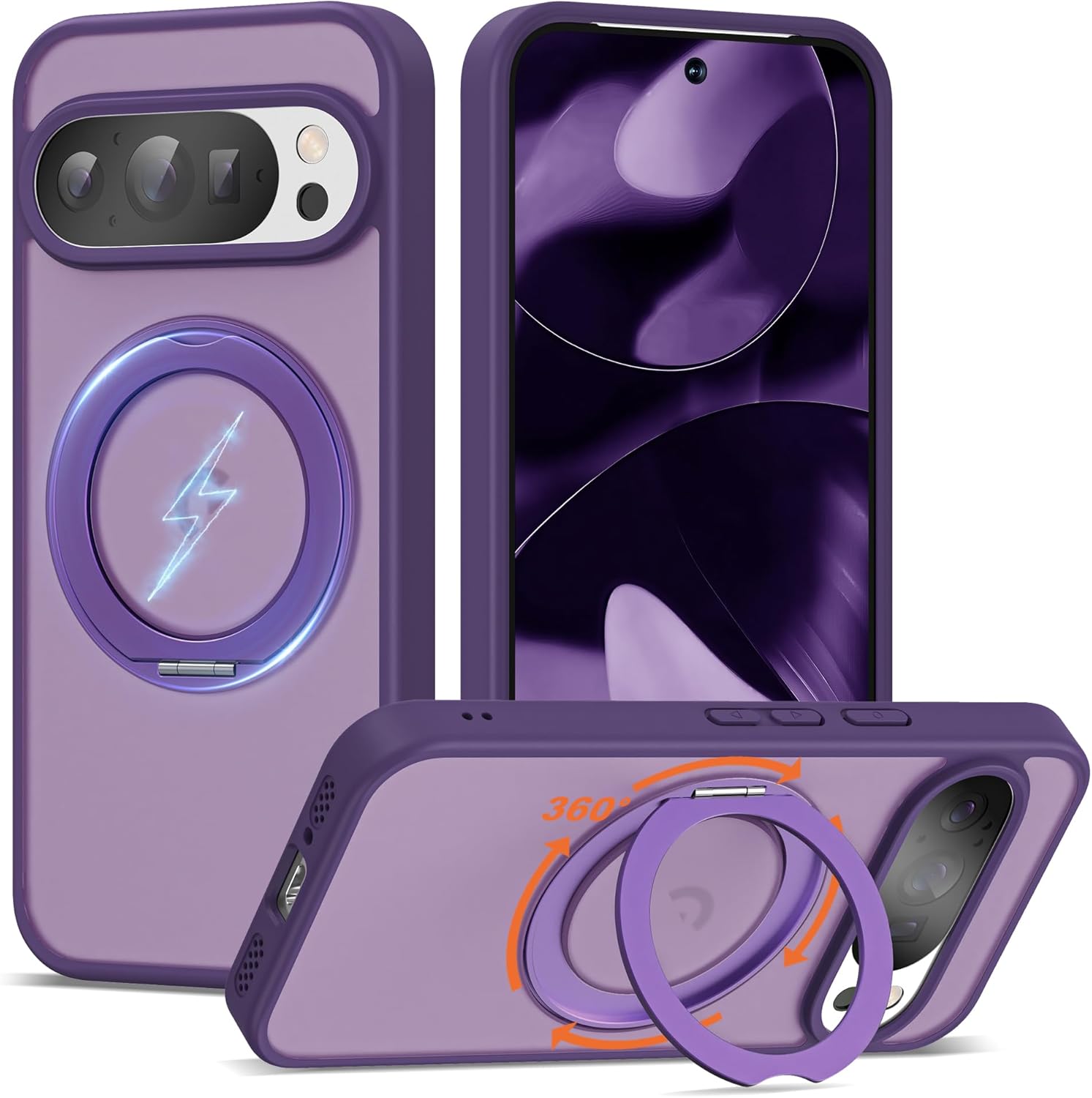 Compatible with Google Pixel 9/Pixel 9 Pro Case with 360° Magnetic Ring Stand [Compatible with Mag-Safe] Shockproof Translucent Phone Case for Google Pixel 9/Pixel 9 Pro 6.3", Purple