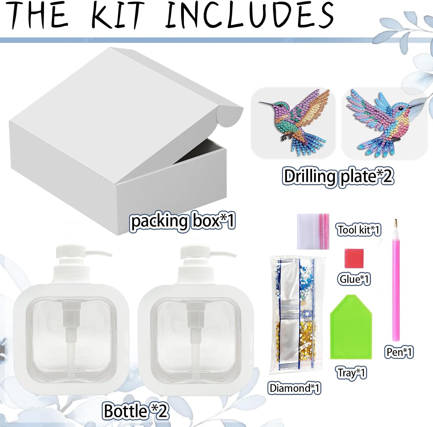 2Pcs Diamond Art Lotion Dispensers 300ml Refillable Soap Liquid Pump Bottles Kit for Adult Beginners Craft Lovers Bathroom Kitchen Decor Gift (Hummingbird)