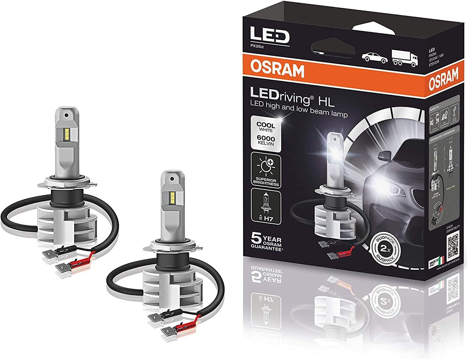 OsramLEDriving HL, corresponding ECE H7, next generation, LED headlight bulb, halogen replacement, 67210CW, 12/24V, folding carton box (2 lamps)