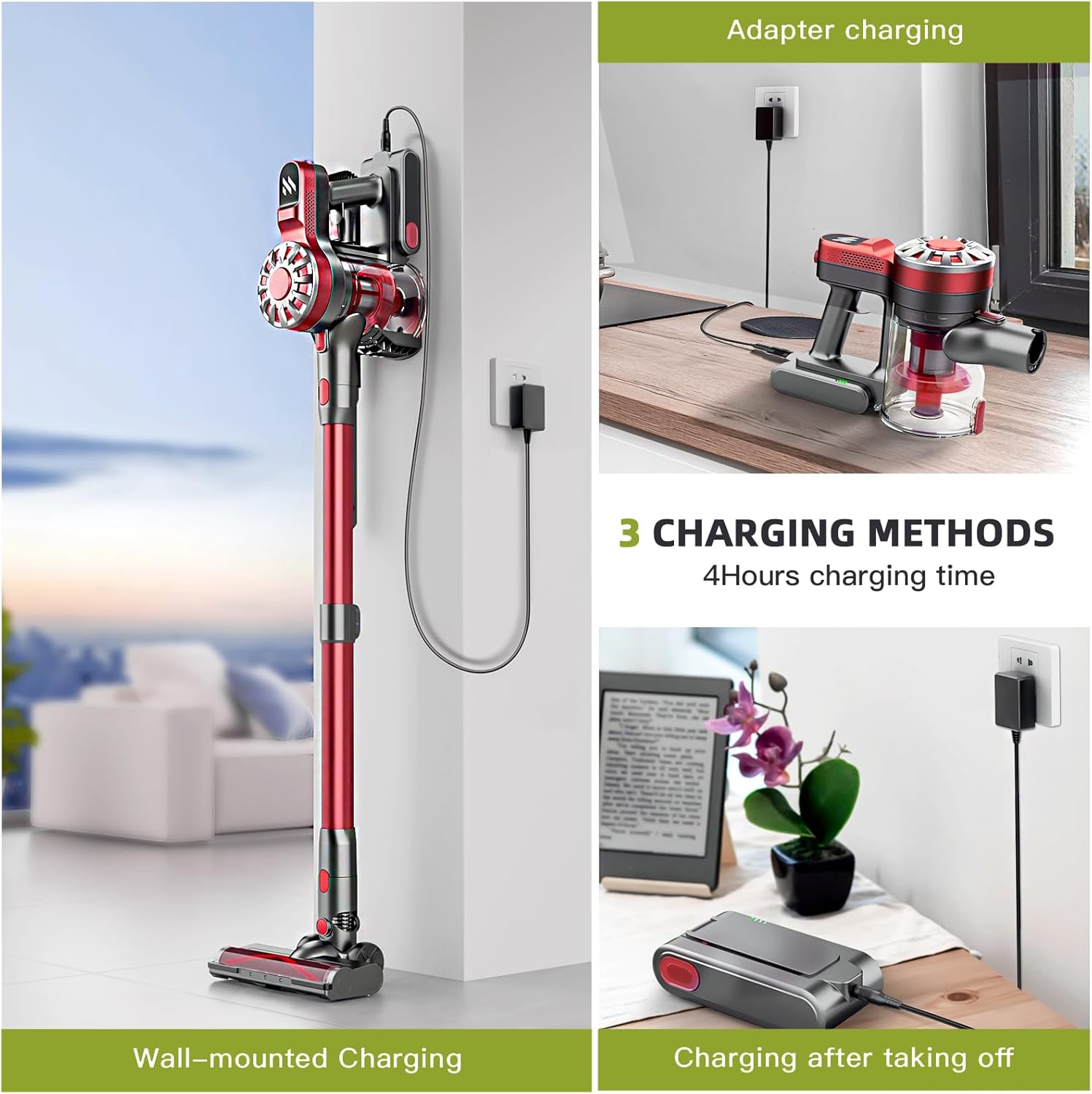 WLOTPO Cordless Vacuum Cleaner for Home,Lightweight Stick Vacuum Cordless Rechargeable with Power Suction, Up to 35 Mins Runtime, Hardwood Floor Vacuum for Pet Hair,Carpets,Tile(Cranberry Red)