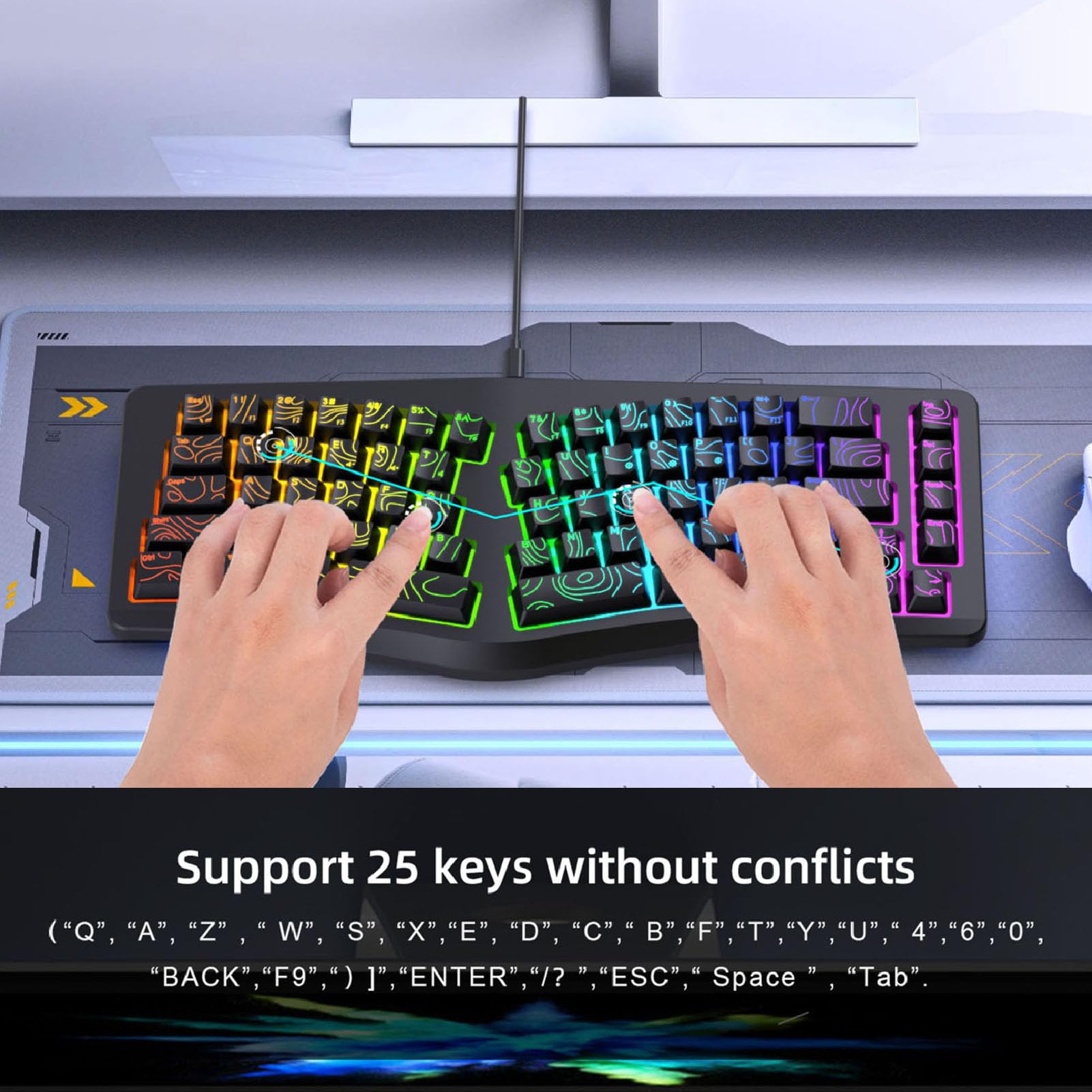 Goshyda Tastiera da Gioco Ergonomica Cablata, Tastiera Divisa a Forma di V con Retroilluminazione RGB Colorata, per Computer Desktop Portatile