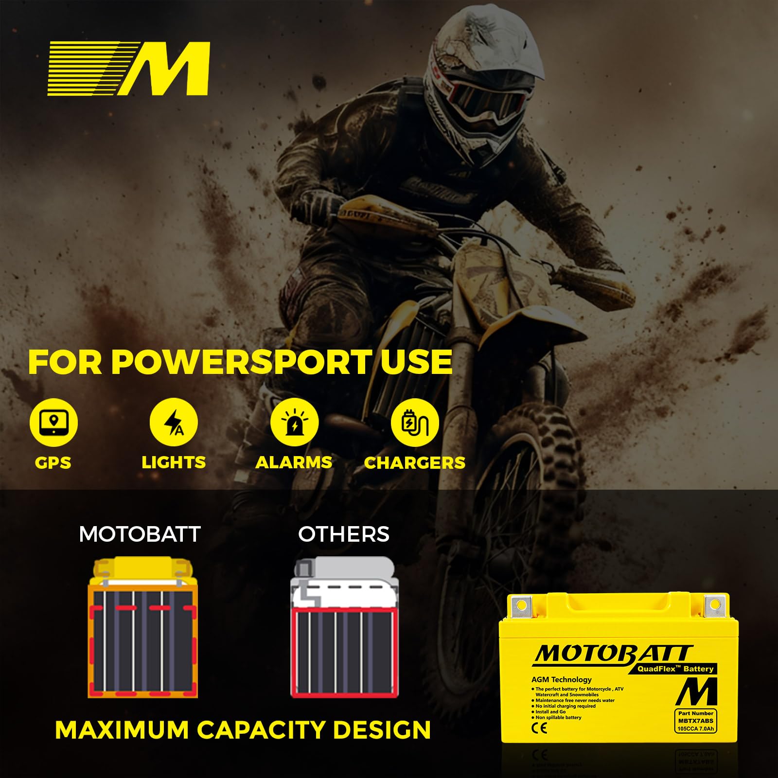 MOTOBATT - Batteria Moto AGM MBTX7ABS | 12V 7.0Ah 105CCA | Sigillata Attivata in Fabbrica | Compatibile con YTX7A-BS | Compatibile con Honda, Yamaha, Kawasaki, Suzuki, BMW e tutti