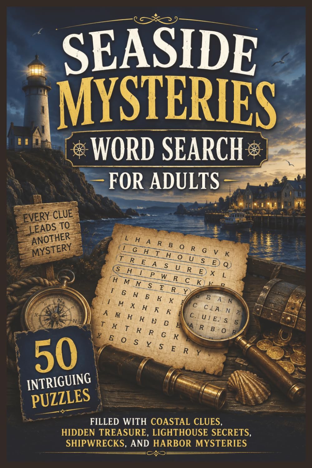 Seaside Mysteries Word Search for Adults: 50 Intriguing Puzzles Filled with Coastal Clues, Hidden Treasure, Lighthouse Secrets, Shipwrecks, and Harbor Mysteries (Word search books collection)