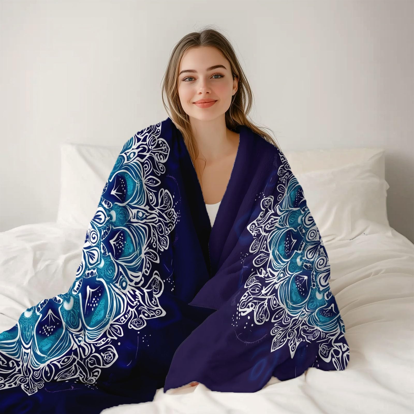 Decke Flanell 180 x 220 cm Geschenke für Frauen und Männer - Traditionelle Mandala-Blumen Witzige Geschenke für Freunde zu Weihnachten und Geburtstag, Lila