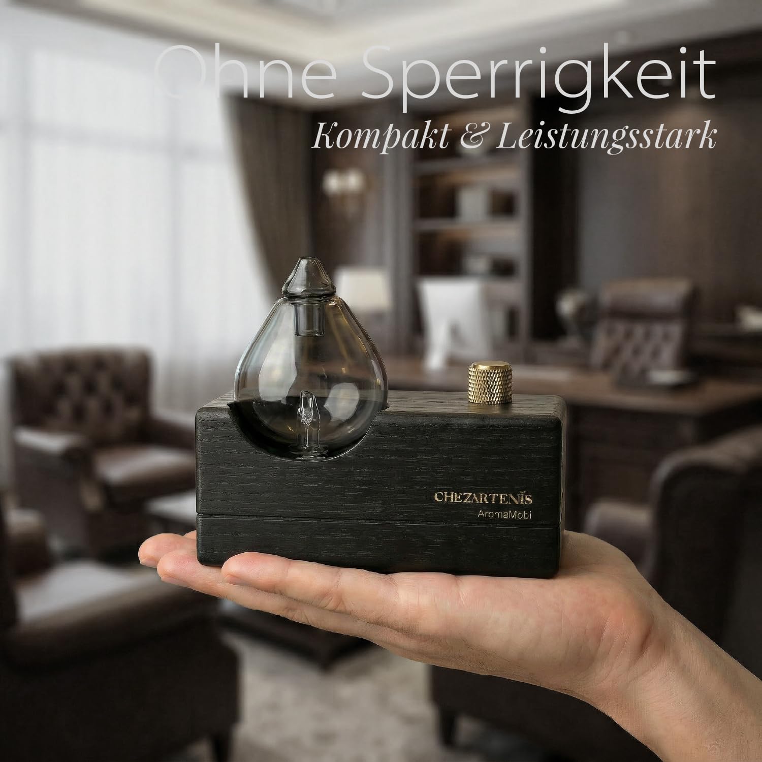 Black Obsidian Aroma Diffuser ohne Wasser für Aromatherapie | Rauchglas Vernebler & Dunkler Holzsockel, Plastikfrei und BPA-frei, Wiederaufladbar & 7-10 Tage Akku, Duftreichweite 60 m²
