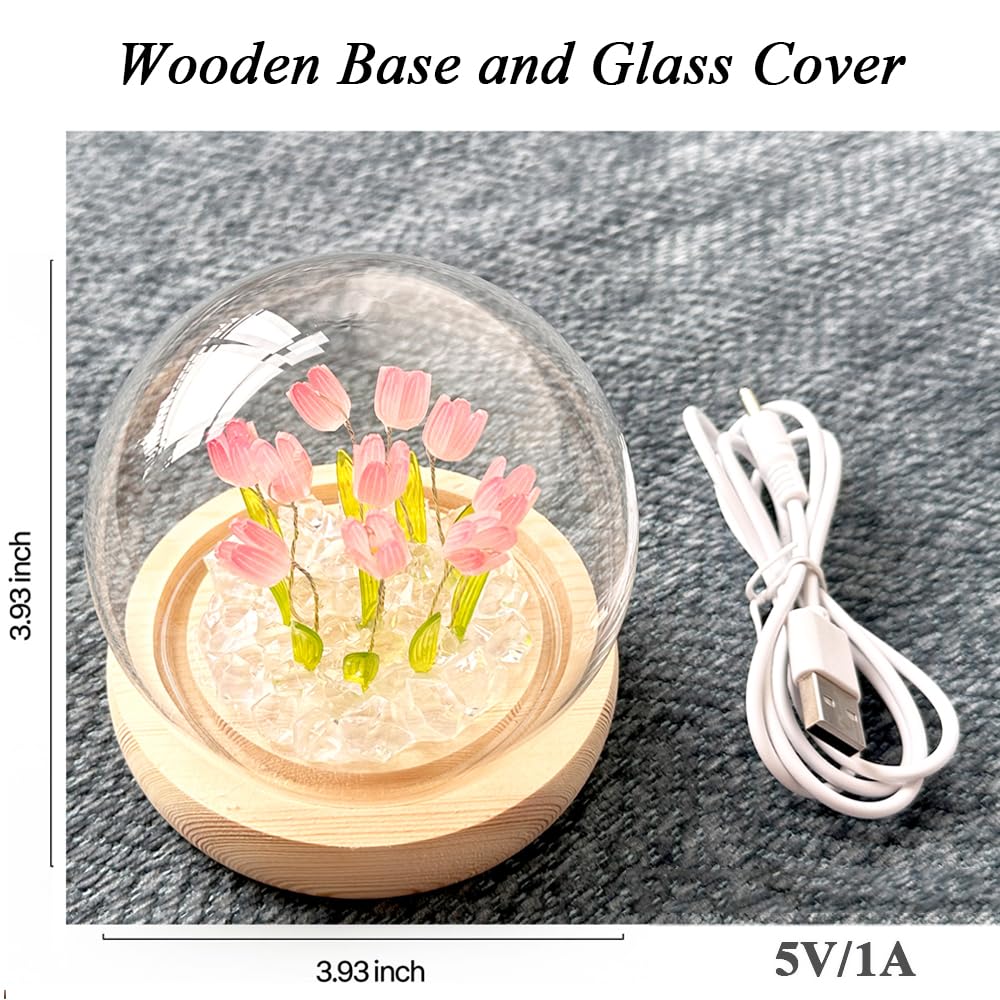 Kwiatowa lampka nocna 10 LED tulipanowa lampka nocna z drewnianą podstawą i szklaną pokrywą 9 cm 5 V 1 A zasilana kablem USB, ciepła lampka nocna do dekoracji domu, prezent dla dzieci, rodziny