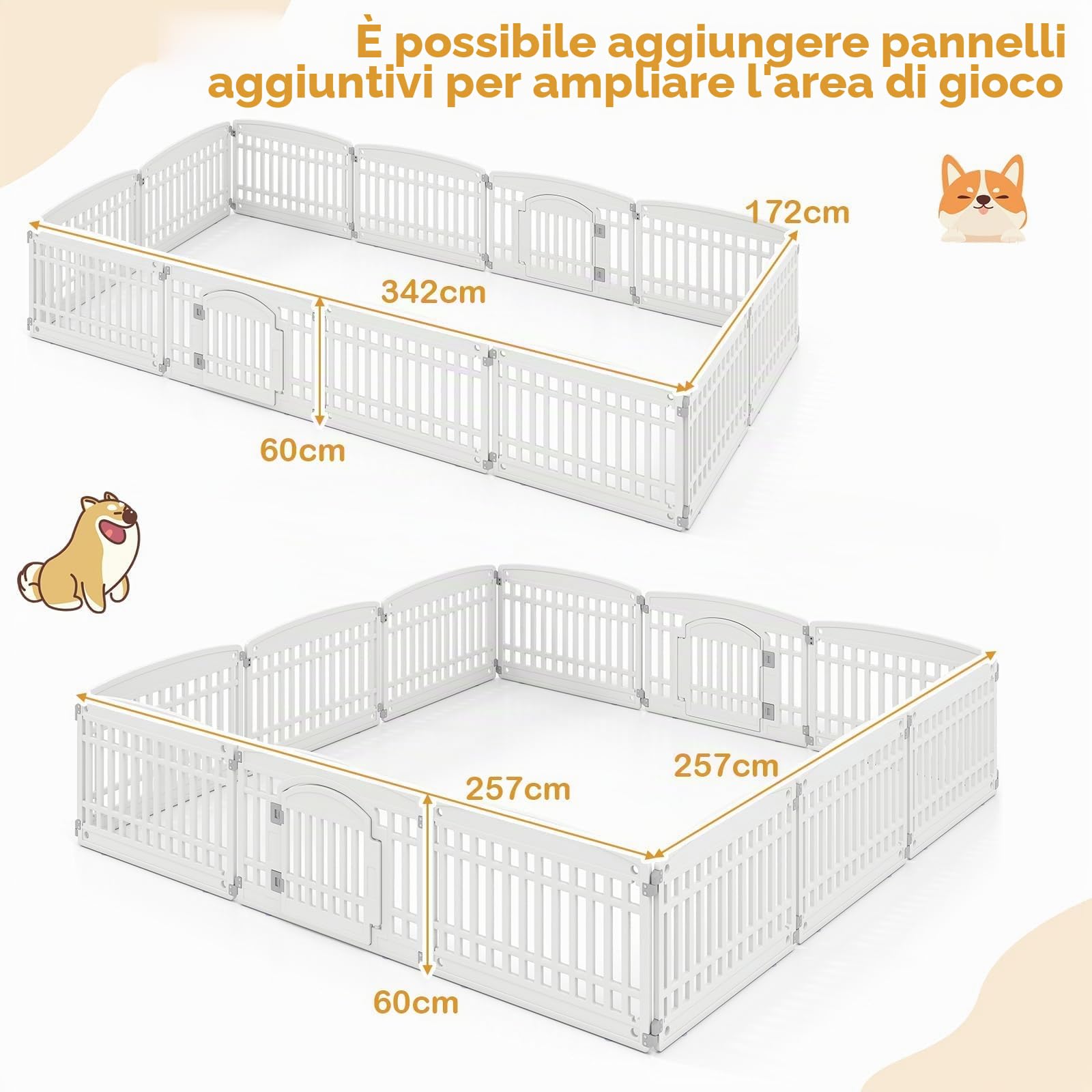 FANTASK Rastrelliera pieghevole per cani da esterno e interno, beccuccio per cani con porta a chiave e 6 pannelli, box per cuccioli in plastica, altezza 60 cm (bianco)