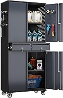 GANGMEI Metal Garage Storage Cabinet with Wheels, 2 Drawers, 2 Adjustable Shelves & Locking Doors - Black/Dark Gray